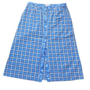 Lanz of Salzburg Plaid Floral Trim Skirt Blue/White- SZ L Hipster Boho Preppy